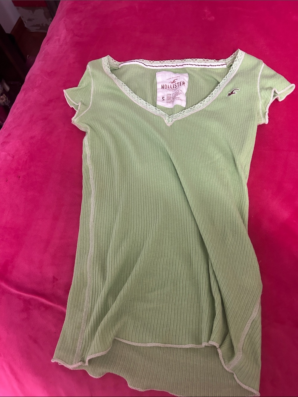 Hollister Light Green Ribbed V-Neck Tee with Lace Trim